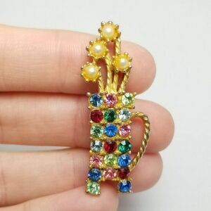 Vintage Colorful Rhinestone Gold Bag Shaped Brooch, Golfing Golfer, Estate